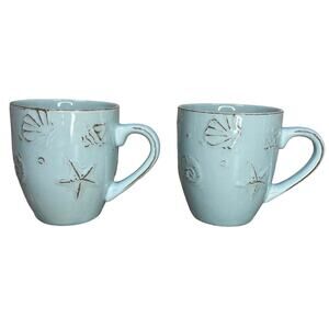 Set of 2 Thomson Pottery Cape Cod Stoneware Mugs Turquoise Blue Beach Coffee Cup